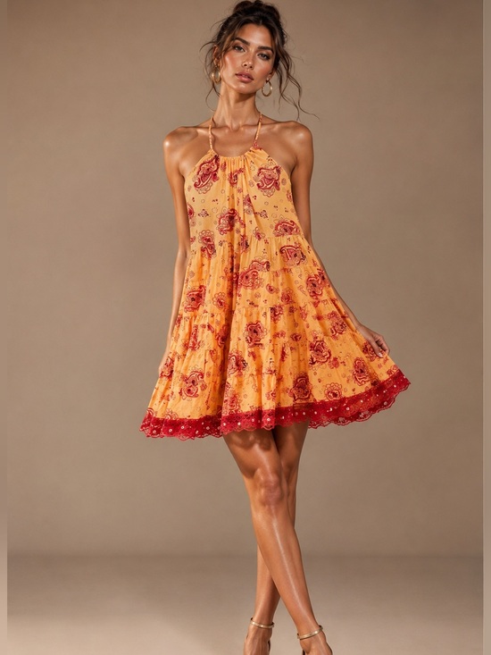 Angie Dresses & Skirts - Angie Paisley Tiered Halter Mini Dress Lace Hem Boho Festival Size M